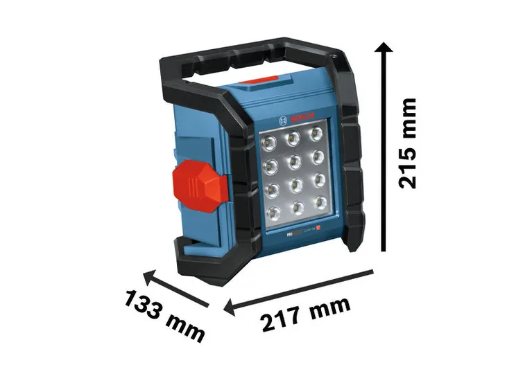 Bosch GLI18V-1500 cordless jobsite light with dimensions.