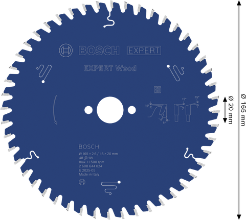 EXPERT Wood Circular Saw Blade, 165 x 2.6/1.6 x 20 mm, T48 Bosch EXPERT Wood Circular Saw Blade 165mm T48.