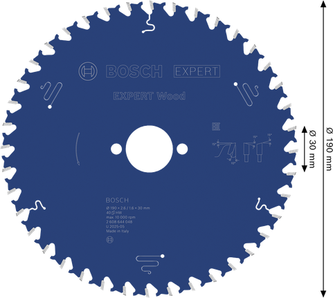 EXPERT Wood Circular Saw Blade, 190 x 2.6/1.6 x 30 mm, T40 Bosch EXPERT Wood Circular Saw Blade 190mm T40.