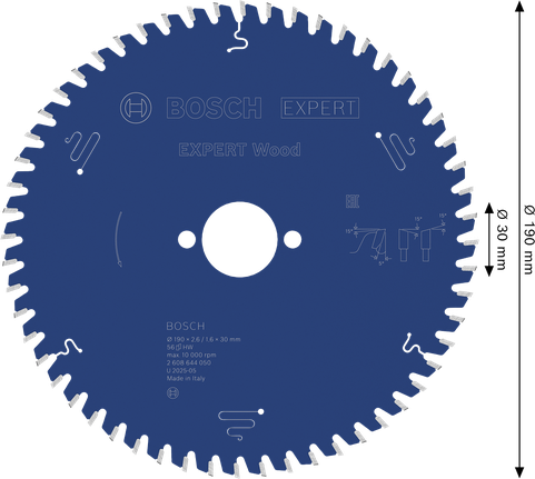 EXPERT Wood Circular Saw Blade, 190 x 2.6/1.6 x 30 mm, T56 Bosch EXPERT Wood circular saw blade, 190 mm 56 teeth.