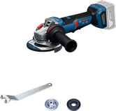 Bosch GWS18V-11PS cordless angle grinder with accessories.