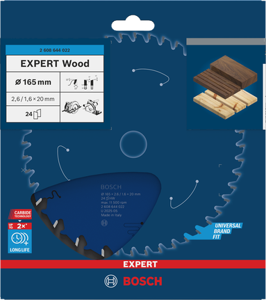 EXPERT Wood Circular Saw Blade, 165 x 2.6/1.6 x 20 mm, T24 Bosch Expert Wood circular saw blade 165 mm T24.