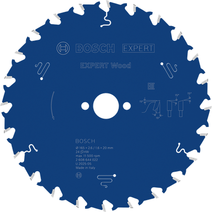EXPERT Wood Circular Saw Blade, 165 x 2.6/1.6 x 20 mm, T24 Bosch EXPERT Wood circular saw blade, 165 mm T24.