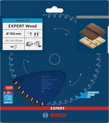 EXPERT Wood Circular Saw Blade, 165 x 2.6/1.6 x 20 mm, T48 Bosch EXPERT Wood circular saw blade 165×2.6/1.6×20 mm T48.