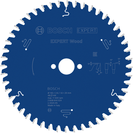 EXPERT Wood Circular Saw Blade, 165 x 2.6/1.6 x 20 mm, T48 Bosch EXPERT Wood circular saw blade, 165 mm 48 teeth.