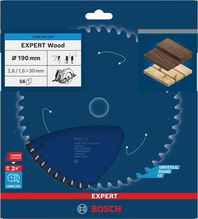 EXPERT Wood Circular Saw Blade, 190 x 2.6/1.6 x 30 mm, T56 Bosch EXPERT Wood circular saw blade 190×2.6/1.6×30 mm T56.
