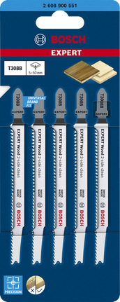 Bosch EXPERT ‘Wood 2-side clean’ T308B jigsaw blades pack.