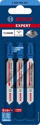 EXPERT Tough Metal thin T118AHM Jigsaw Blade, 3 pcs Bosch EXPERT Tough Metal T118AHM carbide jigsaw blades.