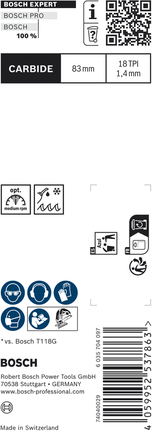 EXPERT Tough Metal medium T118EHM Jigsaw Blade, 3 pcs Bosch EXPERT Tough Metal T118EHM jigsaw blade for cutting metal.