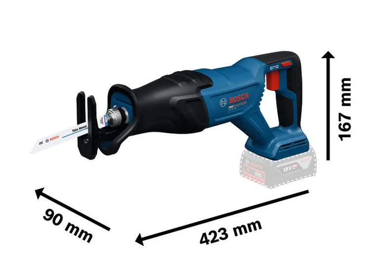Bosch GSA18V-280 cordless reciprocating saw, 423 mm length.