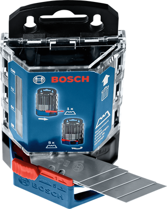 Utility knife blades are partially extended from a blue and black plastic dispenser.