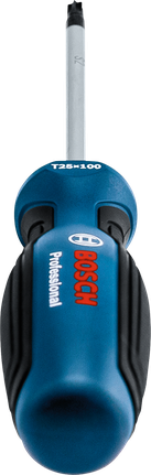 Blue and black precision screwdriver with a textured grip handle.