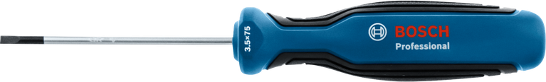 Slotted screwdriver with a blue and black ergonomic handle.