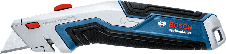 Utility knife with a retractable blade and ergonomic grip placed on a white background.