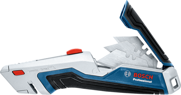 Utility knife with spare blades extended from its handle.