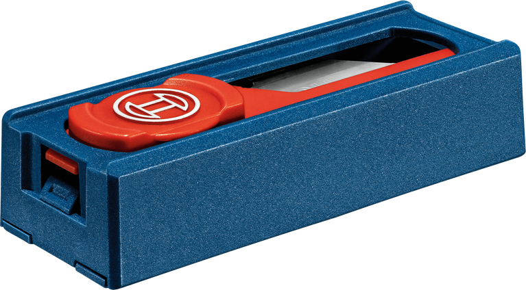 Utility knife with retractable blade in a blue plastic case.