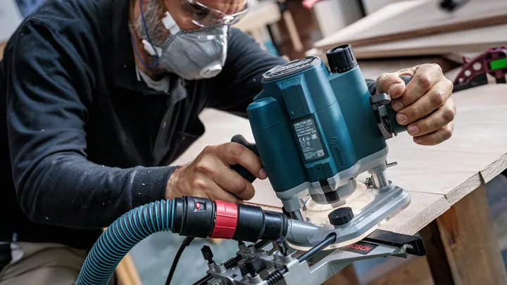 Object #200587643: 7437772_app_web_05 Person wearing safety equipment uses a power router to shape the edge of a wooden board.
