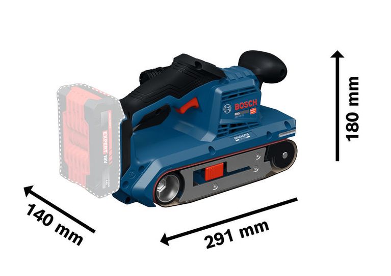 Bosch GBS18V-75 belt sander with 291 mm length.