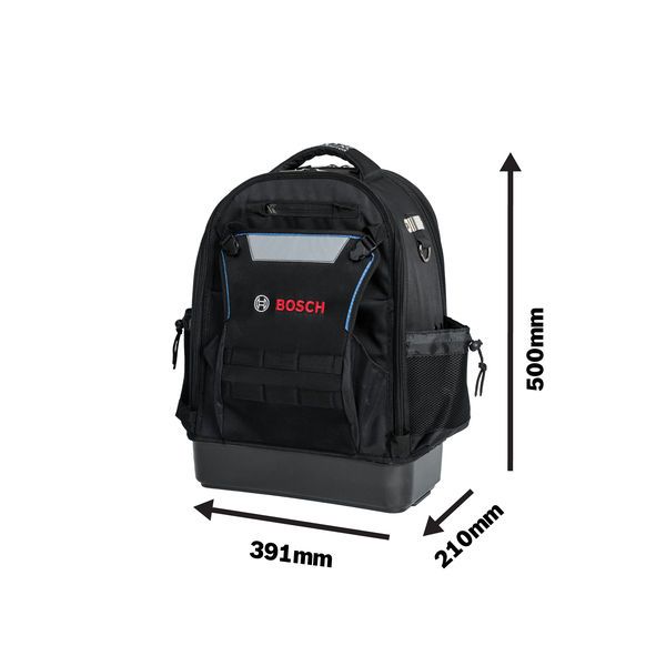 Bosch L-BOXX Contractor Backpack with dimensions labeled.