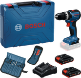 Bosch GSB 18V-52 cordless drill set with accessories.