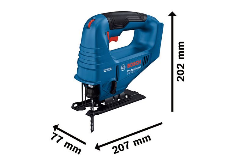 Bosch GST 183-LI cordless jigsaw with dimensions shown.