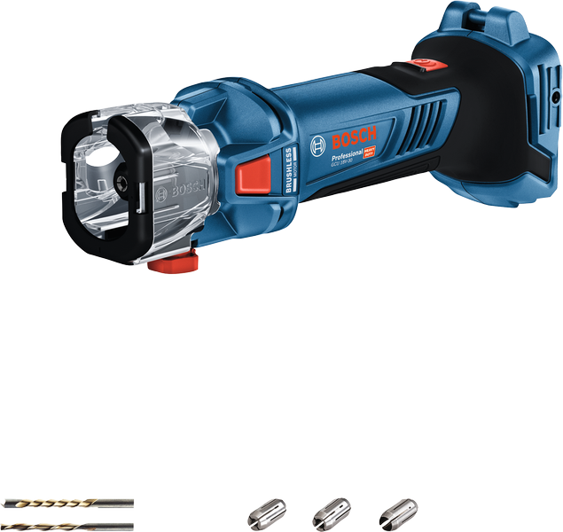 Bosch GCU 18V-30 cordless cut-out tool with drill bits.