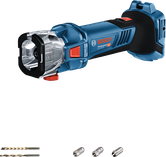 Bosch GCU 18V-30 cordless cut-out tool with drill bits.