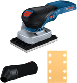 Bosch GSS 18V-13 cordless orbital sander with filter and sanding sheet.