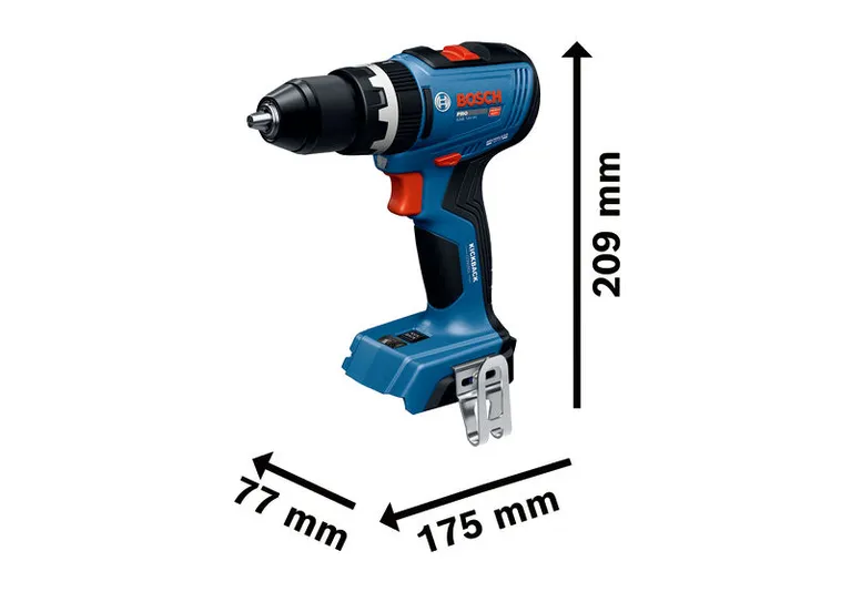 Bosch GSB 18V-65 cordless impact drill dimensions shown.