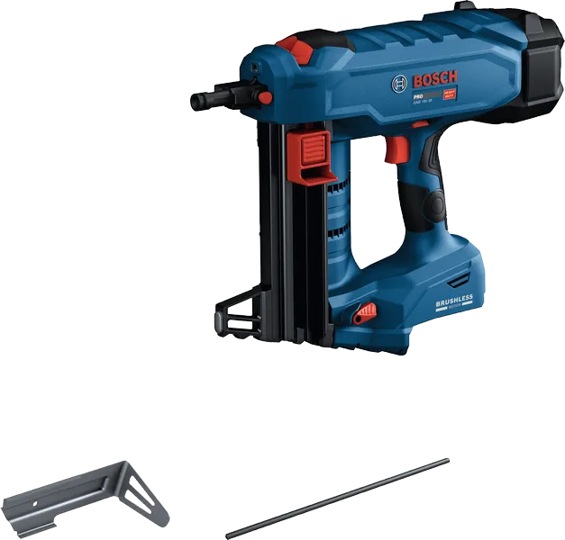 Bosch GNB 18V-38 cordless nailer with accessories.