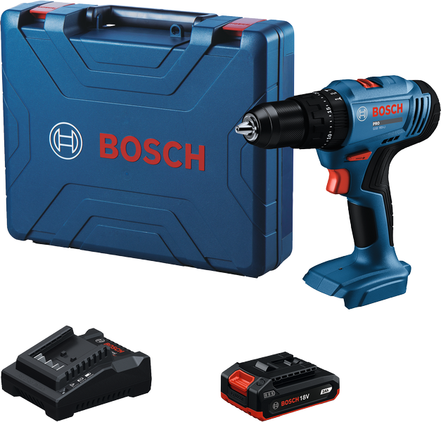 Bosch GSB 18V-50 cordless drill set with battery and charger.