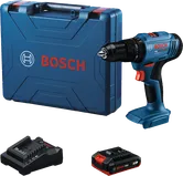 Bosch GSB 18V-50 cordless drill set with battery and charger.