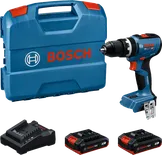 Bosch GSB 18V-65 cordless drill set with batteries.