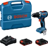 Bosch GSR 18V-65 cordless drill set with batteries and case.