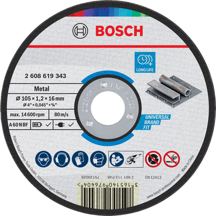 Bosch metal cutting disc 105 x 1.2 x 16 mm long life.