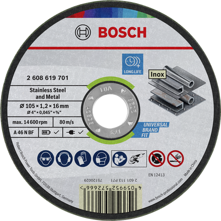 Bosch stainless steel and metal cutting disc 105 x 1.2 x 16 mm.