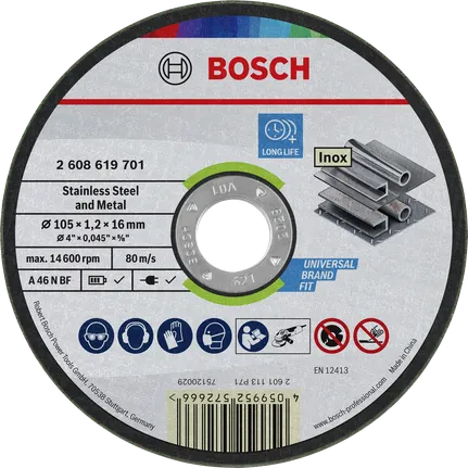 Bosch stainless steel and metal cutting disc 105 x 1.2 x 16 mm.