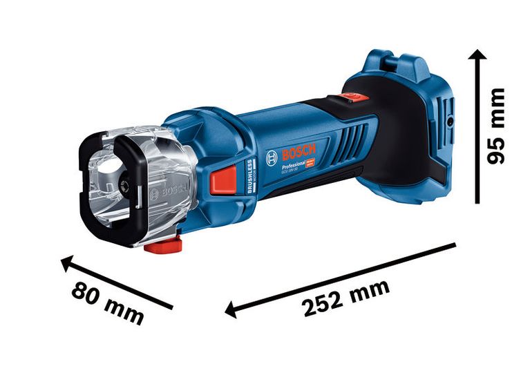 Bosch GCU 18V-30 cordless drywall router with dimensions.