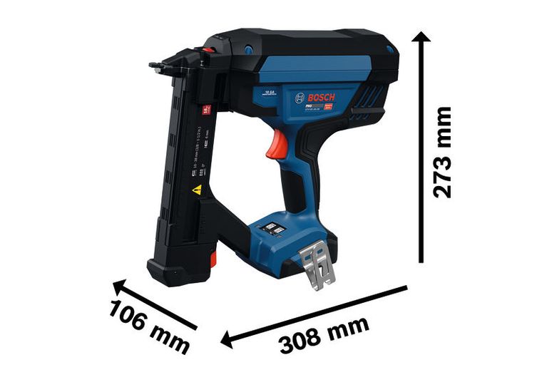 Bosch GTH18V-38-2M cordless narrow crown stapler with dimensions.