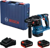 Bosch GBH 185-LI rotary hammer with 18V batteries and case.