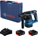 Bosch GBH 185-LI rotary hammer with 18V batteries and case.