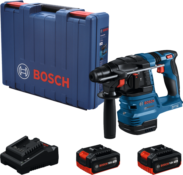 Bosch GBH 185-LI rotary hammer with 18V batteries and case.