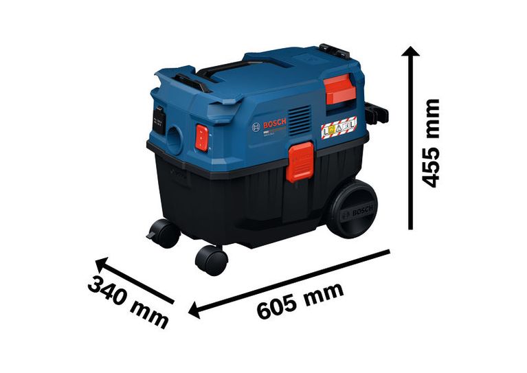Bosch GAS12-25LS all-purpose extractor with dimensions.