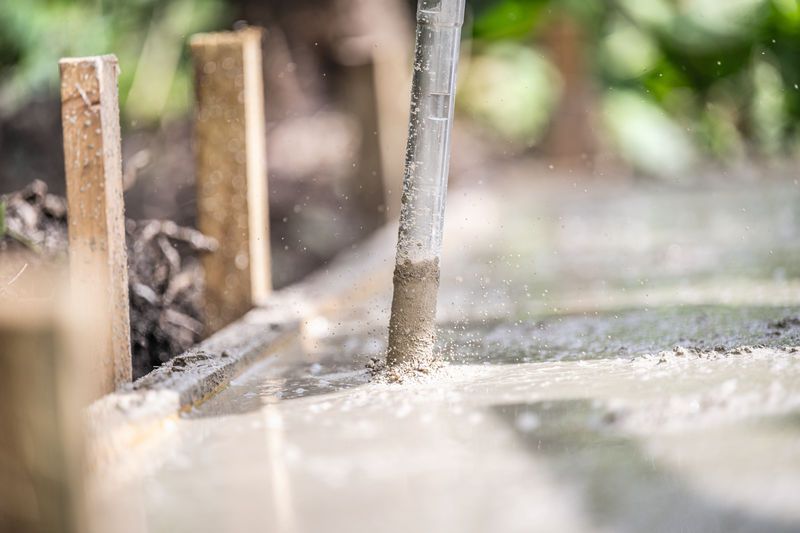 Concrete vibrator smoothing freshly poured concrete in a wooden frame.