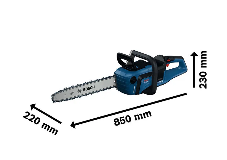 Bosch GKE 18V-40 cordless chainsaw with dimensions.