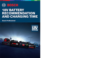 Bosch Professional 18V battery guide on a dark background with tools and batteries.