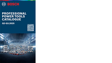 Bosch Professional power tools catalog cover with tools displayed in a warehouse setting.