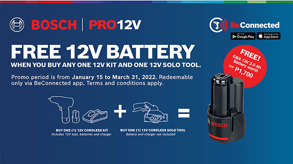 Bosch Pro 12V promotional poster with tools and a free battery offer.
