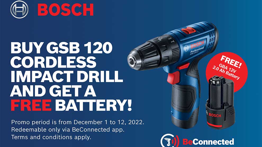 A blue Bosch Professional cordless impact drill with a free battery beside it.