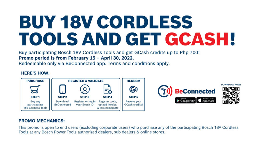 Promotional poster for Bosch 18V cordless tools and GCash credits offer.